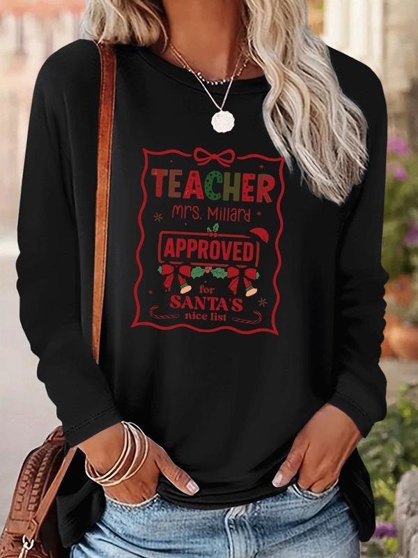 Women's Christmas Letter Print Long Sleeve Casual Fitted T-Shirt, Comfortable Fabric, Available in 9 Colors, All Seasons...