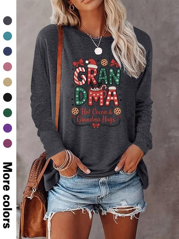Women's Christmas Letter Print Long Sleeve Casual Fitted T-Shirt, Comfortable Fabric, Available in 9 Colors, All Seasons...