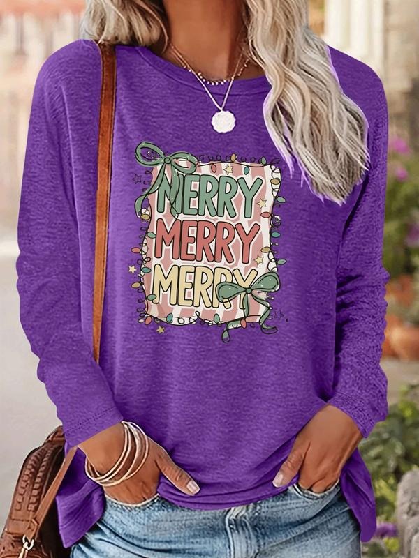 Women's Christmas Letter Print Long Sleeve Casual Fitted T-Shirt, Comfortable Fabric, Available in 9 Colors, All Seasons...