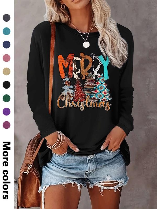 Women's Christmas Letter Print Long Sleeve Casual Fitted T-Shirt, Comfortable Fabric, Available in 9 Colors, All Seasons...