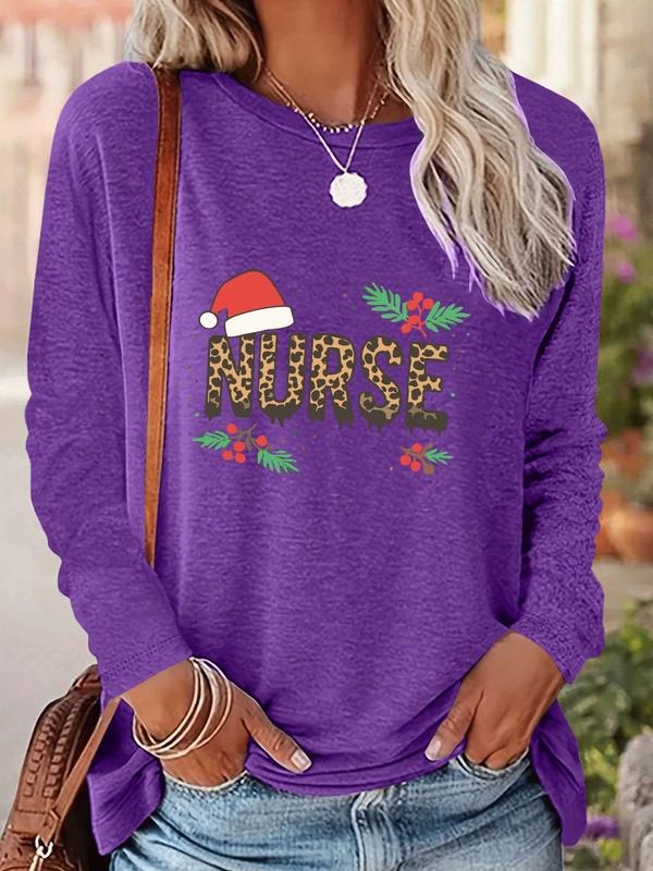Women's Christmas Letter Print Long Sleeve Casual Fitted T-Shirt, Comfortable Fabric, Available in 9 Colors, All Seasons...