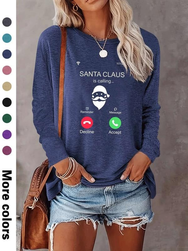 Women's Christmas Letter Print Long Sleeve Casual Fitted T-Shirt, Comfortable Fabric, Available in 9 Colors, All Seasons...