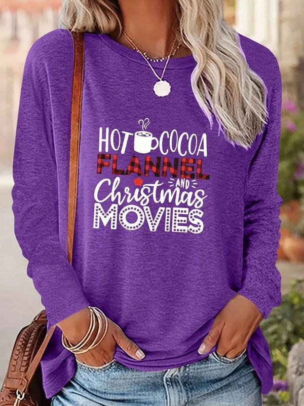 Women's Christmas Letter Print Long Sleeve Fitted Casual T-Shirt, Comfortable Fabric, Available in 9 Colors, All Seasons...