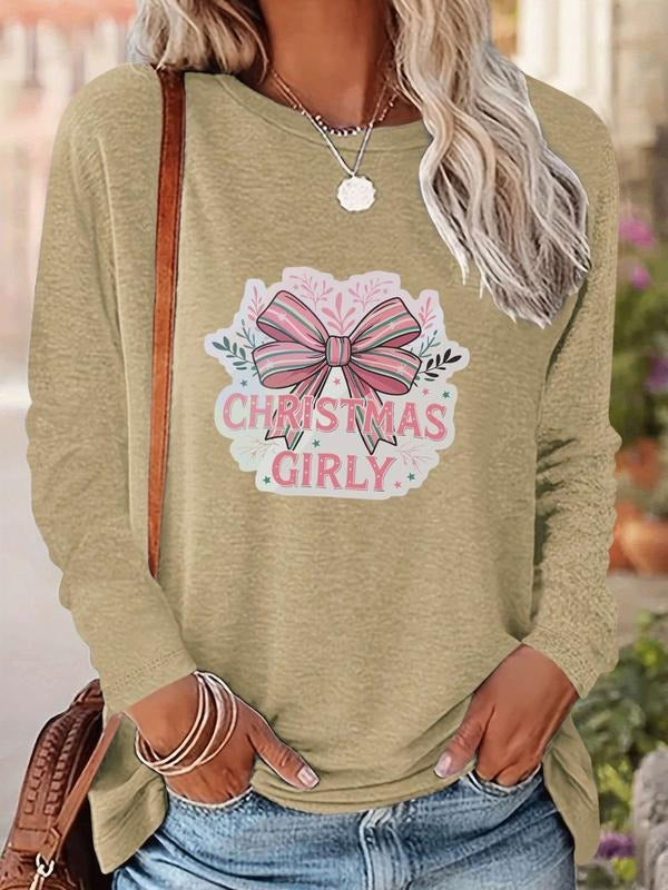 Women's Christmas Letter Print Long Sleeve Fitted Casual T-Shirt, Comfortable Fabric, Available in 9 Colors, All Seasons...
