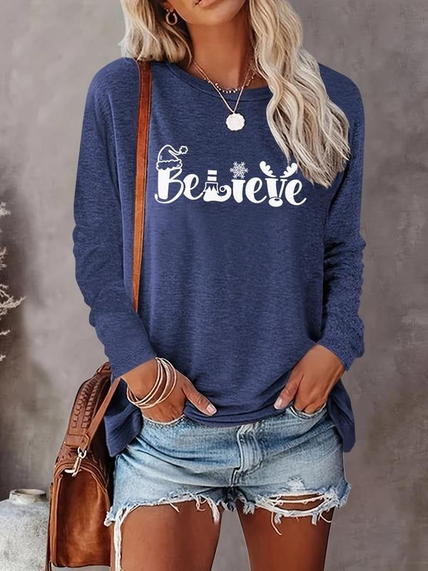 Women's Christmas Letter Print Long Sleeve Round Neck Casual T-Shirt, Comfortable Fabric, Available in 9 Colors, All...
