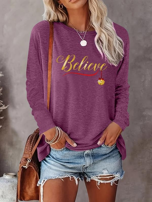 Women's Christmas Letter Print Long Sleeve Round Neck Casual T-Shirt, Comfortable Fabric, Available in 9 Colors, All...