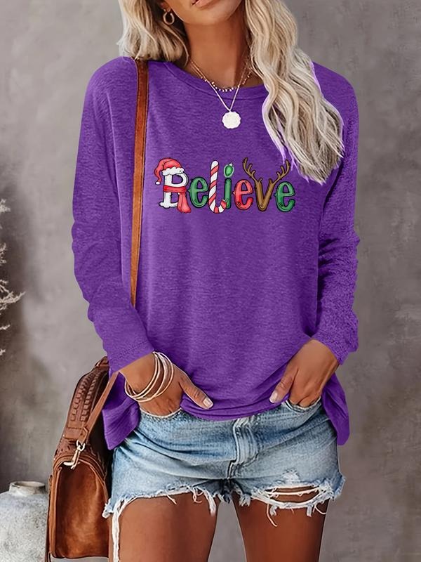 Women's Christmas Letter Print Long Sleeve Round Neck Casual T-Shirt, Comfortable Fabric, Available in 9 Colors, All...