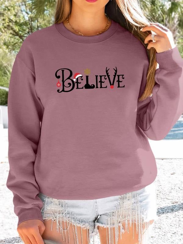 Women's Christmas Letter Print Long Sleeve Round Neck Pullover Sweatshirt, Casual Fitted Design, Available in 6 Colors...