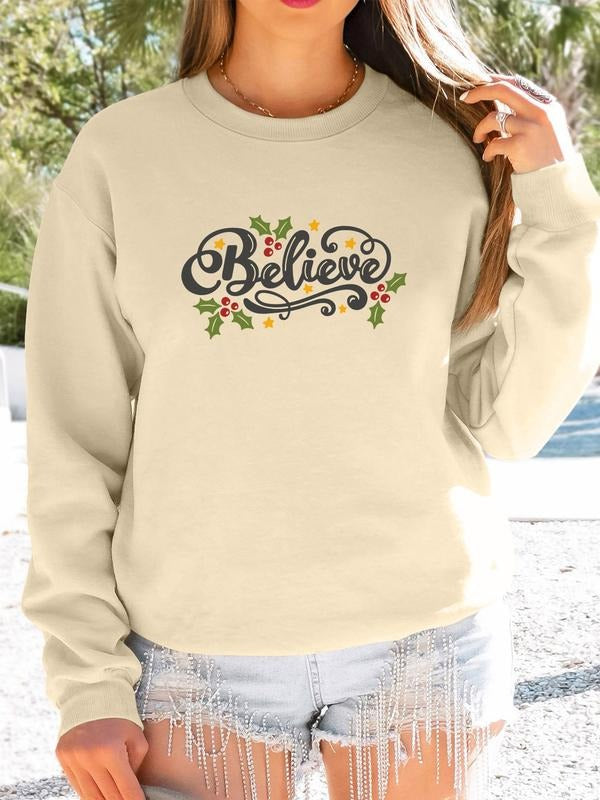 Women's Christmas Letter Print Long Sleeve Round Neck Pullover Sweatshirt, Casual Fitted Design, Available in 6 Colors...