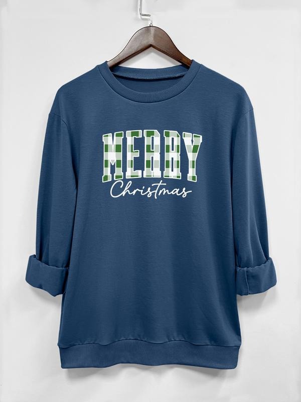 Women's Christmas Letter Print Long Sleeve Round Neck Pullover Sweatshirt, Casual Fitted Design, Available in 6...