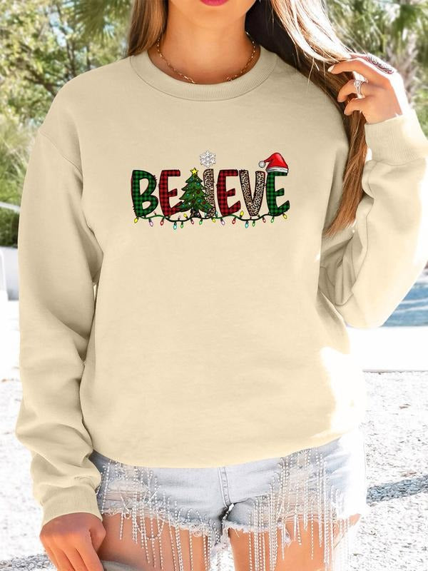 Women's Christmas Letter Print Long Sleeve Round Neck Pullover Sweatshirt, Casual Fitted Design, Available in 7 Colors...