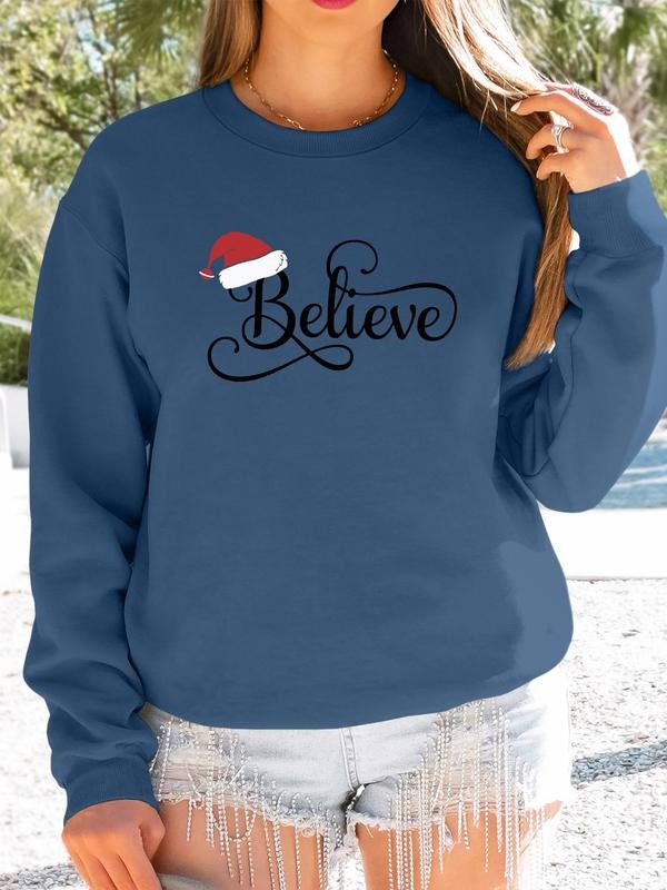 Women's Christmas Letter Print Long Sleeve Round Neck Pullover Sweatshirt, Casual Fitted Design, Available in 7 Colors...