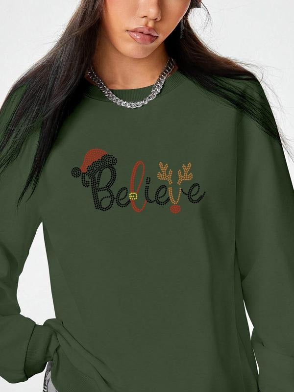 Women's Christmas Letter Print Long Sleeve Round Neck Pullover Sweatshirt, Casual Fitted Design, Available in 8 Colors...