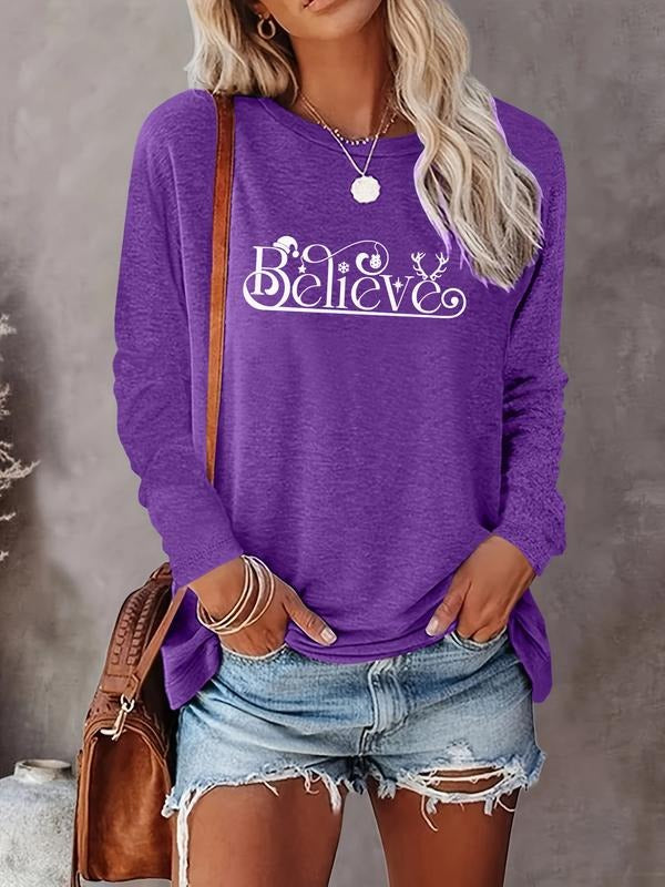 Women's Christmas Letter Print Round Neck Long Sleeve Casual Fitted T-Shirt, Comfortable Fabric, Available in 9 Colors...