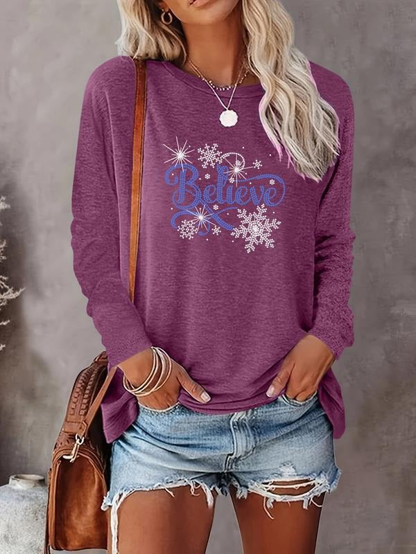 Women's Christmas Letter Print Round Neck Long Sleeve Casual Fitted T-Shirt, Comfortable Fabric, Available in 9 Colors...