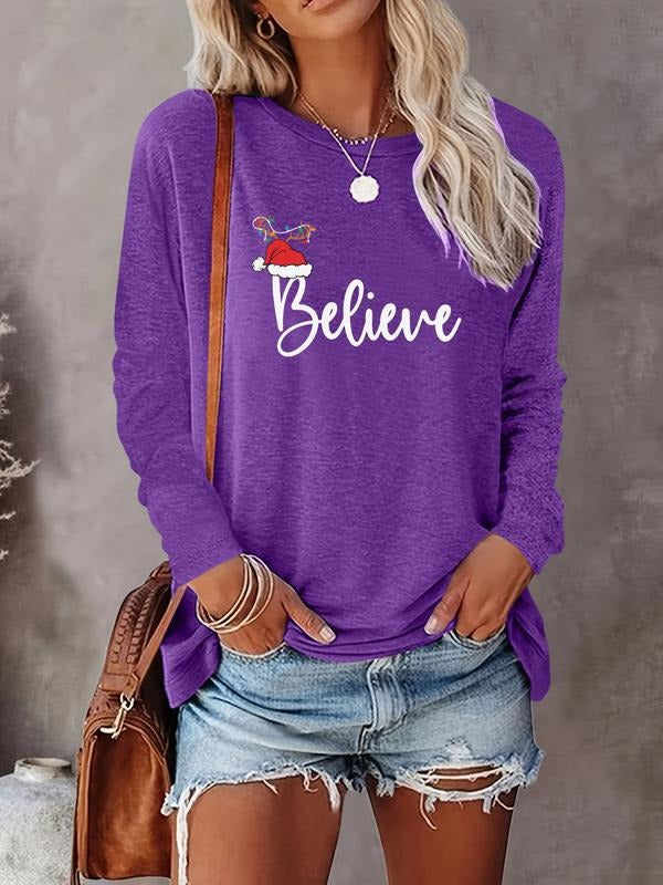 Women's Christmas Letter Print Round Neck Long Sleeve Casual Fitted T-Shirt, Comfortable Fabric, Available in 9 Colors...