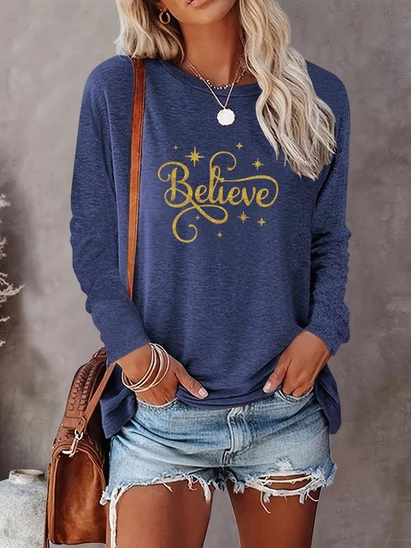 Women's Christmas Letter Print Round Neck Long Sleeve Casual T-Shirt, Comfortable Fabric, Available in 8 Colors, All...