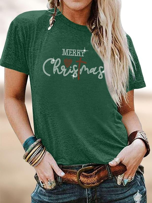 Women's Christmas Letter Print Round Neck Short Sleeve T-Shirt, Casual Fitted Top, Soft Comfortable Fabric, Available in...