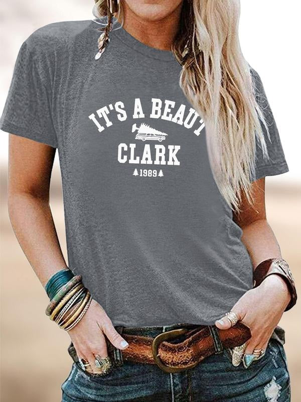 Women's Christmas Letter Print Round Neck Short Sleeve T-Shirt, Soft Comfortable Fabric, Casual Style, All Seasons Wear...