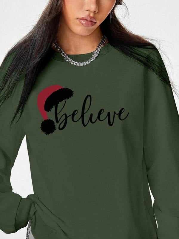 Women's Christmas Letter Print Round Neck Sweatshirt, Casual Long Sleeve Crew Neck Pullover for Daily Wear, Ladies...