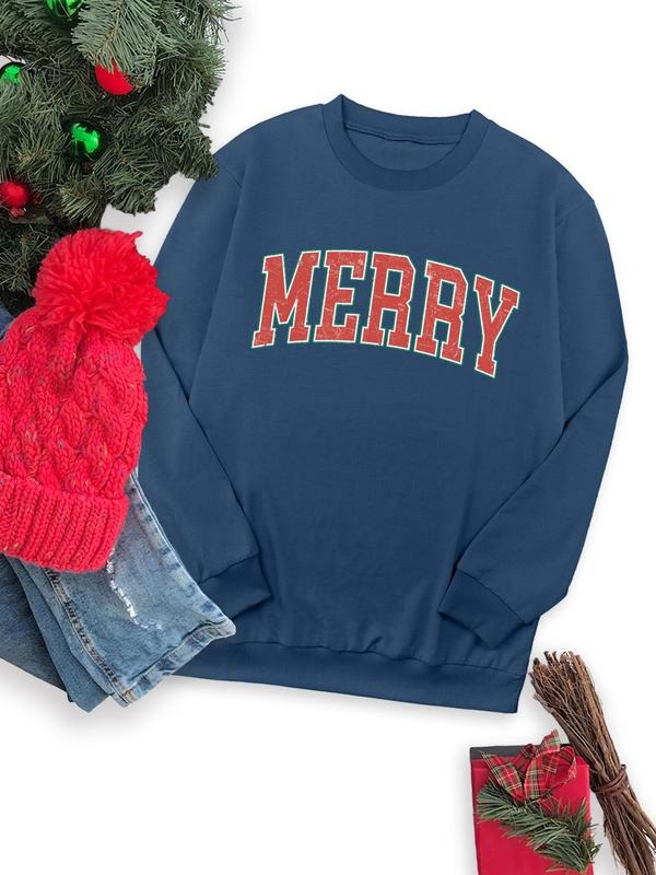 Women's Christmas Letter Print Round Neck Sweatshirt, Casual Long Sleeve Crew Neck Pullover for Fall & Winter, Women's...