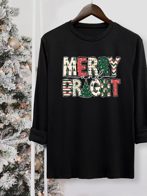 Women's Christmas Letter Print Round Neck Tee, Casual Long Sleeve Crew Neck T-shirt for Fall & Winter, Women's Top for...