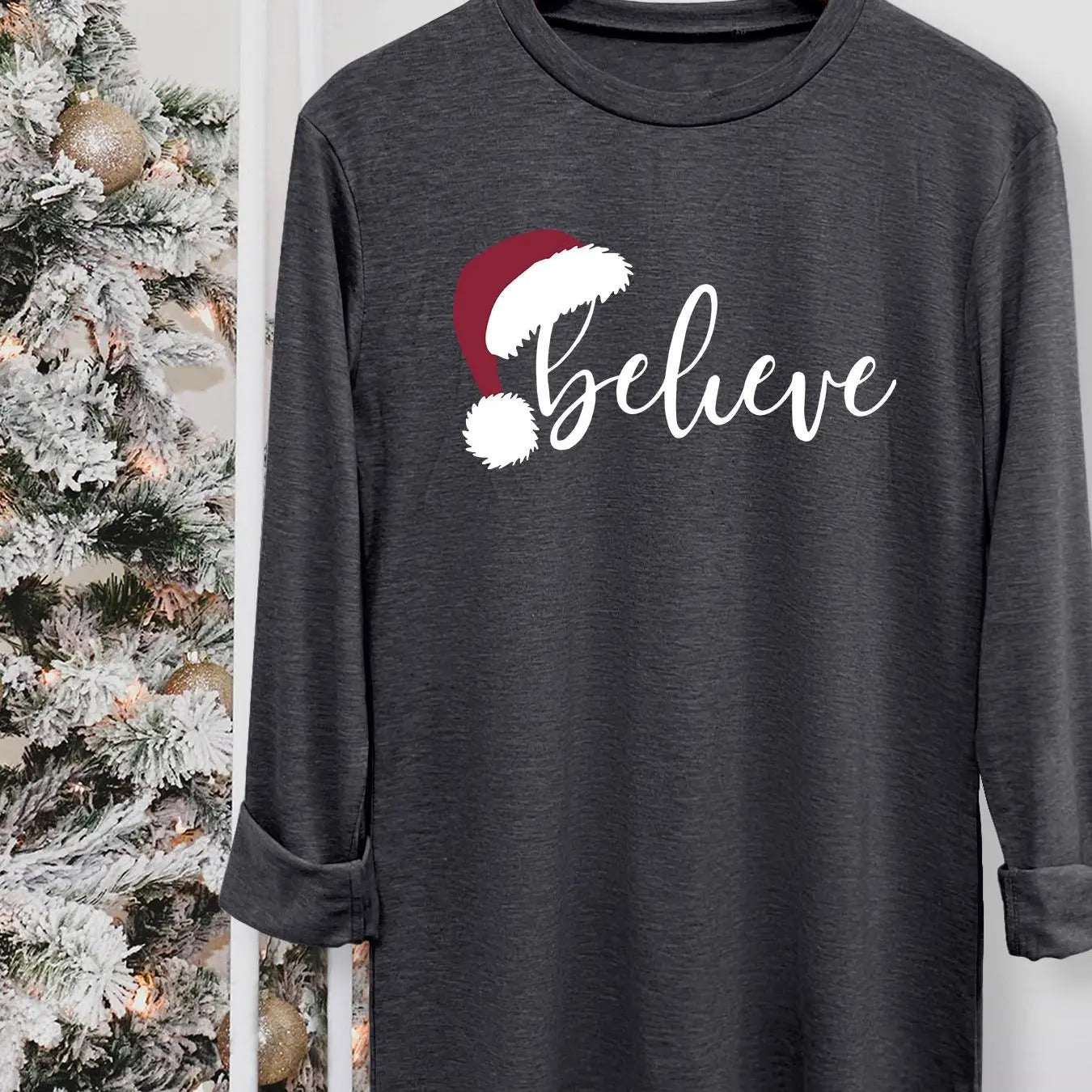 Women's Christmas Letter Print Round Neck Tee, Casual Long Sleeve Crew Neck T-shirt for Fall & Winter, Women's Top for...