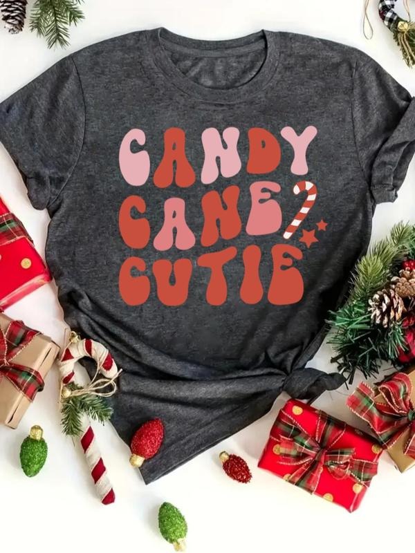 Women's Christmas Letter Print Round Neck Tee, Casual Short Sleeve Crew Neck T-Shirt for All Seasons, Fashion Women's Top...