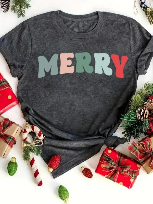 Women's Christmas Letter Print Round Neck Tee, Casual Short Sleeve Crew Neck T-Shirt for All Seasons, Fashion Women's Top...