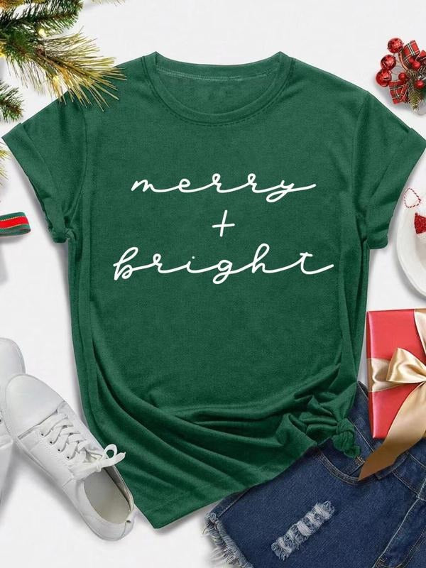 Women's Christmas Letter Print Round Neck Tee, Casual Short Sleeve Crew Neck T-Shirt for All Seasons, Fashion Women's Top...