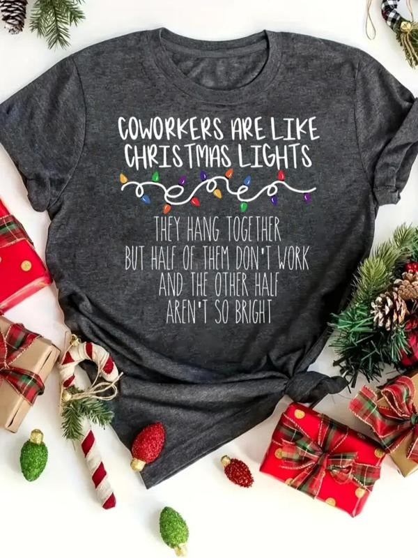 Women's Christmas Letter Print Round Neck Tee, Casual Short Sleeve Crew Neck T-Shirt for All Seasons, Fashion Women's Top...