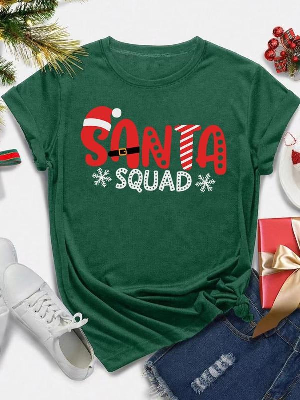 Women's Christmas Letter Print Round Neck Tee, Casual Short Sleeve Crew Neck T-Shirt for Summer, Fashion Women's Top for...
