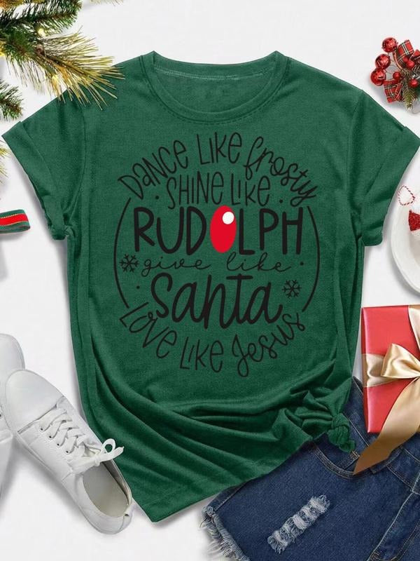 Women's Christmas Letter Print Round Neck Tee, Casual Short Sleeve Crew Neck T-Shirt for Summer, Fashion Women's Top for...