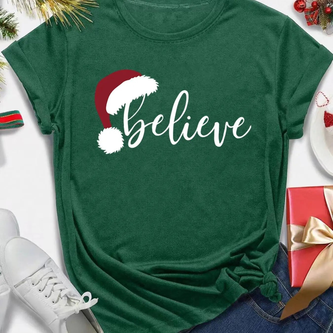 Women's Christmas Letter Print Round Neck Tee, Casual Short Sleeve Crew Neck T-Shirt for Summer, Fashion Women's Top for...