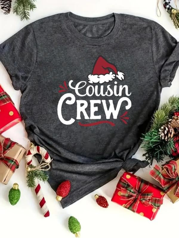 Women's Christmas Letter Print Round Neck Tee, Casual Short Sleeve Crew Neck T-shirt for All Seasons, Fashion Women's Top...