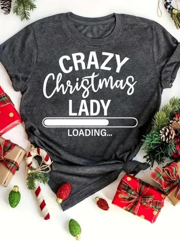 Women's Christmas Letter Print Round Neck Tee, Casual Short Sleeve Crew Neck T-shirt for All Seasons, Fashion Women's Top...