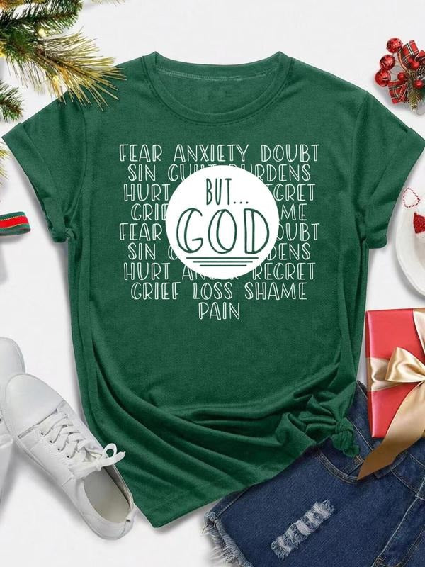 Women's Christmas Letter Print Round Neck Tee, Casual Short Sleeve Crew Neck T-shirt for All Seasons, Women's Top for...