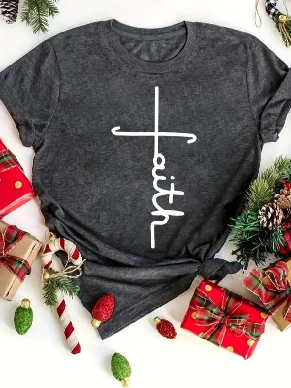 Women's Christmas Letter Print Round Neck Tee, Casual Short Sleeve Crew Neck T-shirt for Daily Holiday Vacation Outdoor...