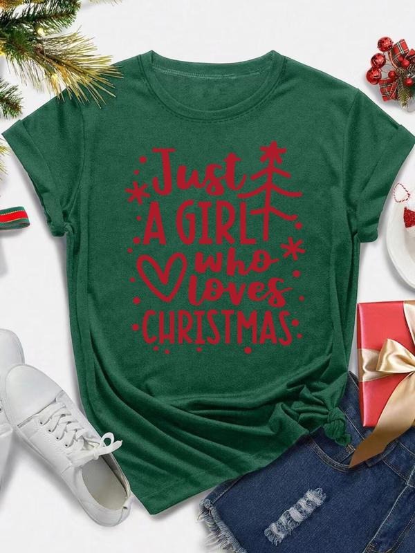 Women's Christmas Letter Print Round Neck Tee, Casual Short Sleeve Crew Neck T-shirt for Daily Holiday Vacation Outdoor...
