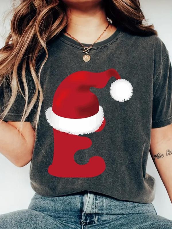 Women's Christmas Letter Print Round Neck Tee, Casual Short Sleeve Crew Neck T-shirt for Daily Holiday Vacation Outdoor...