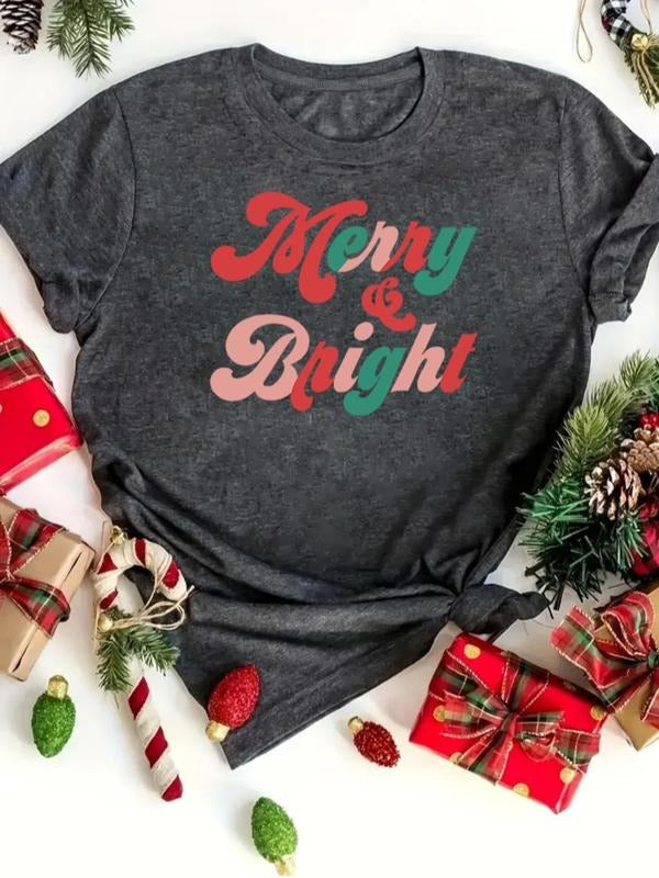 Women's Christmas Letter Print Round Neck Tee, Casual Short Sleeve Crew Neck T-shirt for Holiday Daily Wear, Ladies...