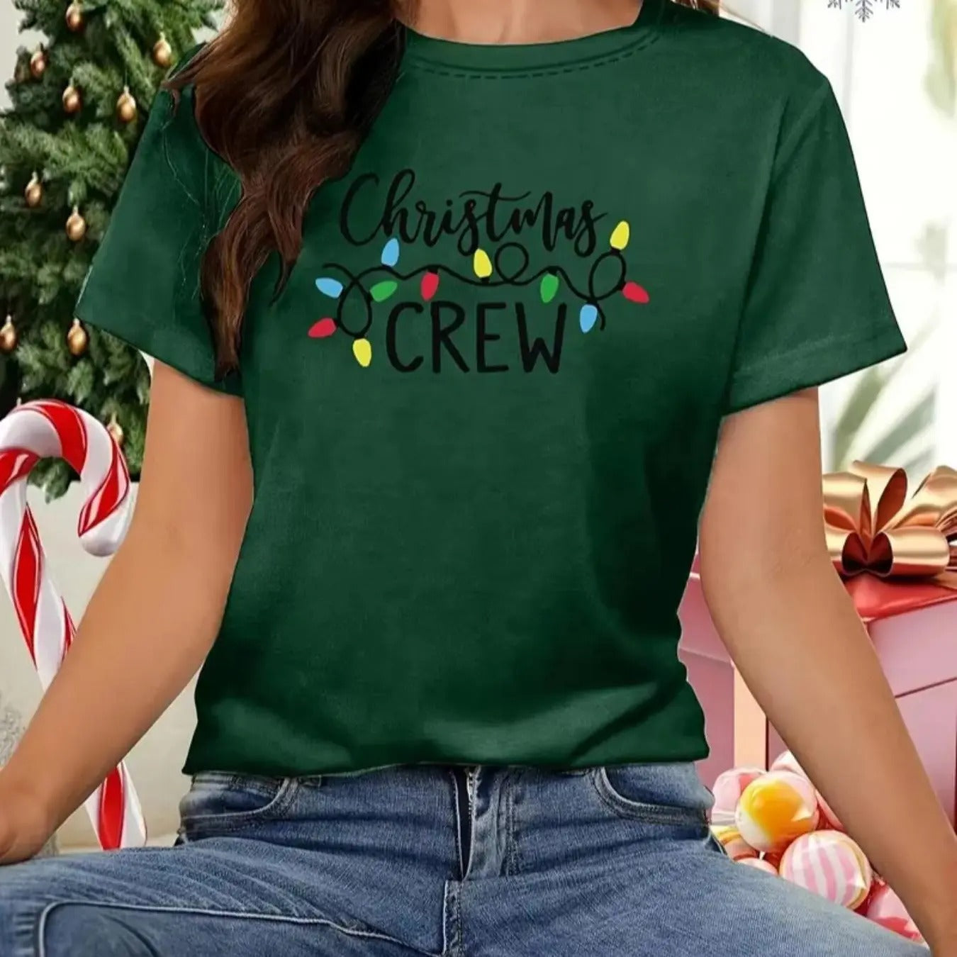 Women's Christmas Letter Print Round Neck Tee, Casual Short Sleeve Crew Neck T-shirt for Summer, Fashion Women's Top for...