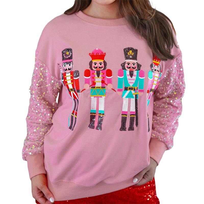 Women's Christmas Loose Pullover Sparkle Sequin Long Sleeve Crew Neck Soldier Printed Sweatshirt Shirt Hoodie
