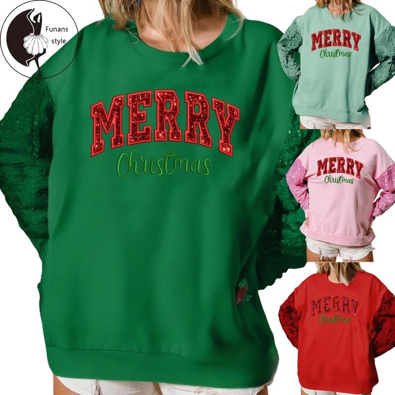 Women's Christmas Loose Sweatshirt Long Sleeve Round Neck Sequins Letter Embroidery Pullover Shirt Hoodie | PrintMintTees.com