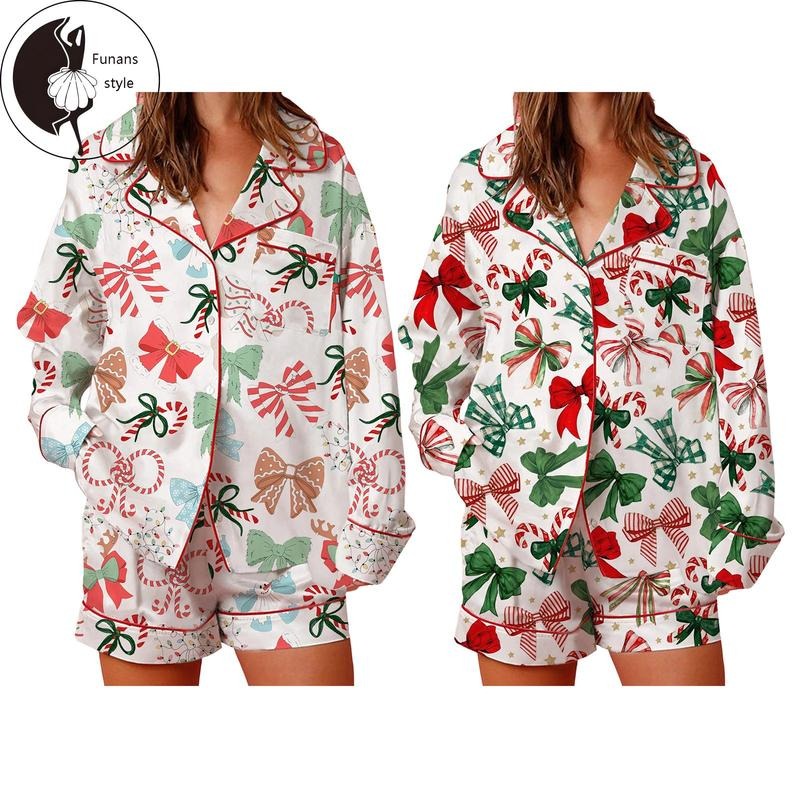 Women's Christmas Pajama Set Long Sleeve Lapel Bow Print Shirt Wide Leg Shorts Sleepwear Hoodie Sweatshirt