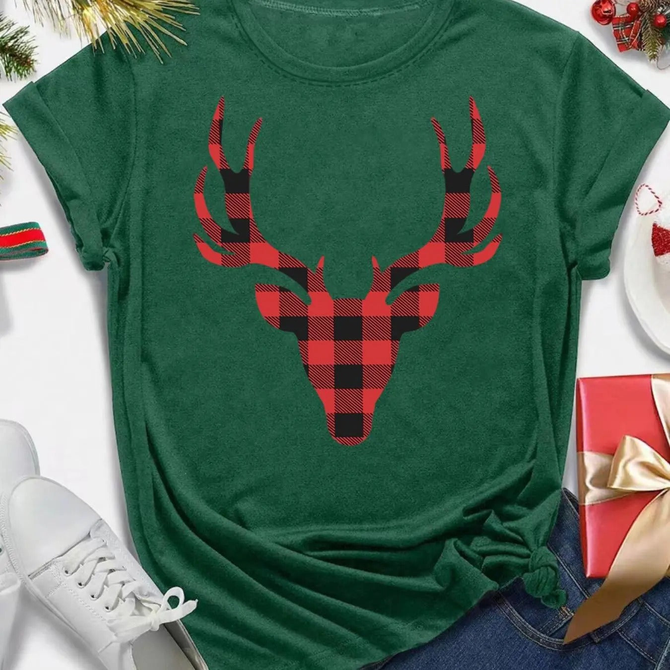 Women's Christmas Plaid Elk Print Round Neck Tee, Casual Short Sleeve Crew Neck T-shirt for Daily Holiday Vacation...