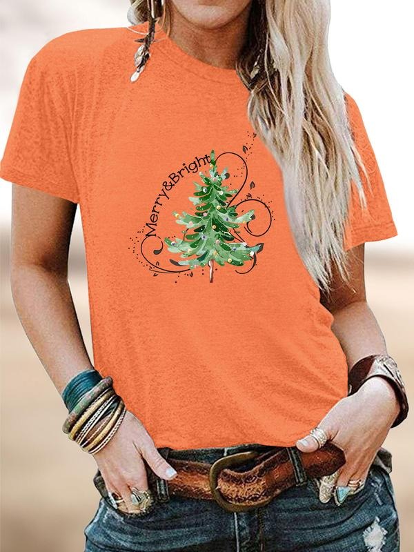 Women's Christmas Plant Letter Print Round Neck Short Sleeve T-Shirt, Casual Fitted Top, Soft Comfortable Fabric, 10...