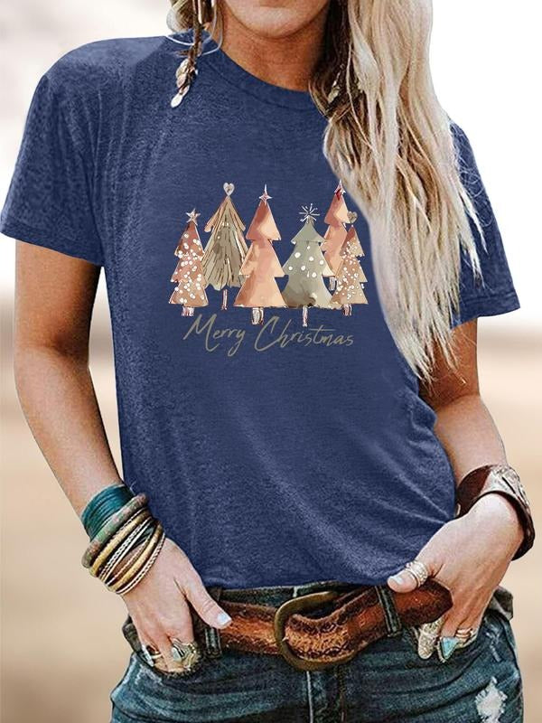 Women's Christmas Plant Letter Print Round Neck Short Sleeve T-Shirt, Soft Comfortable Fabric, Casual Style, All Seasons...