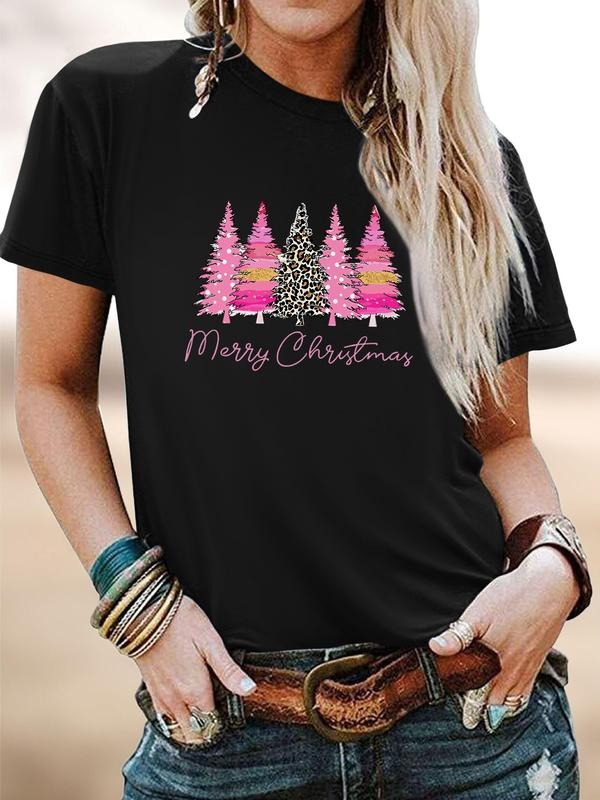 Women's Christmas Plant Letter Print Round Neck Short Sleeve T-Shirt, Soft Comfortable Fabric, Casual Style, Available in...