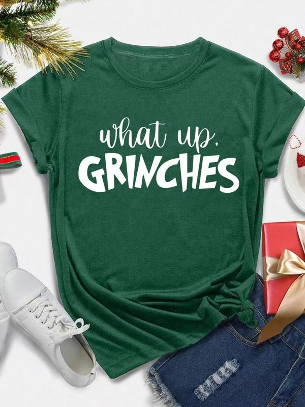Women's Christmas Print Round Neck Tee, Casual Short Sleeve Crew Neck T-Shirt for All Seasons, Fashion Women's Top for...